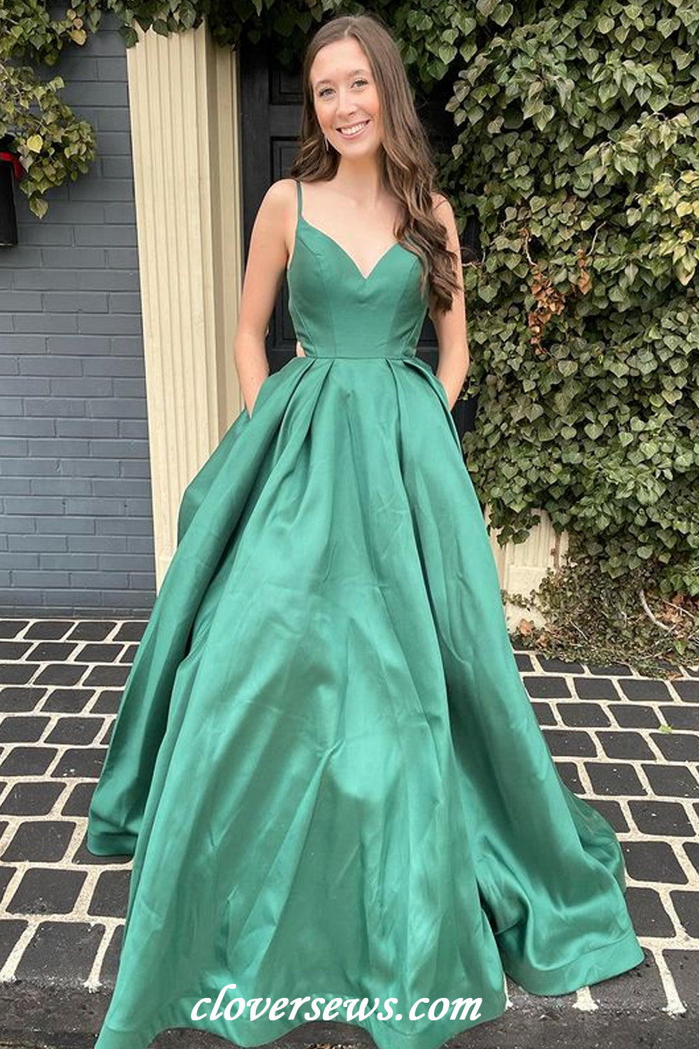 Green Satin Spaghetti Strap Cross Back A-line Simple Prom Dresses, CP1173