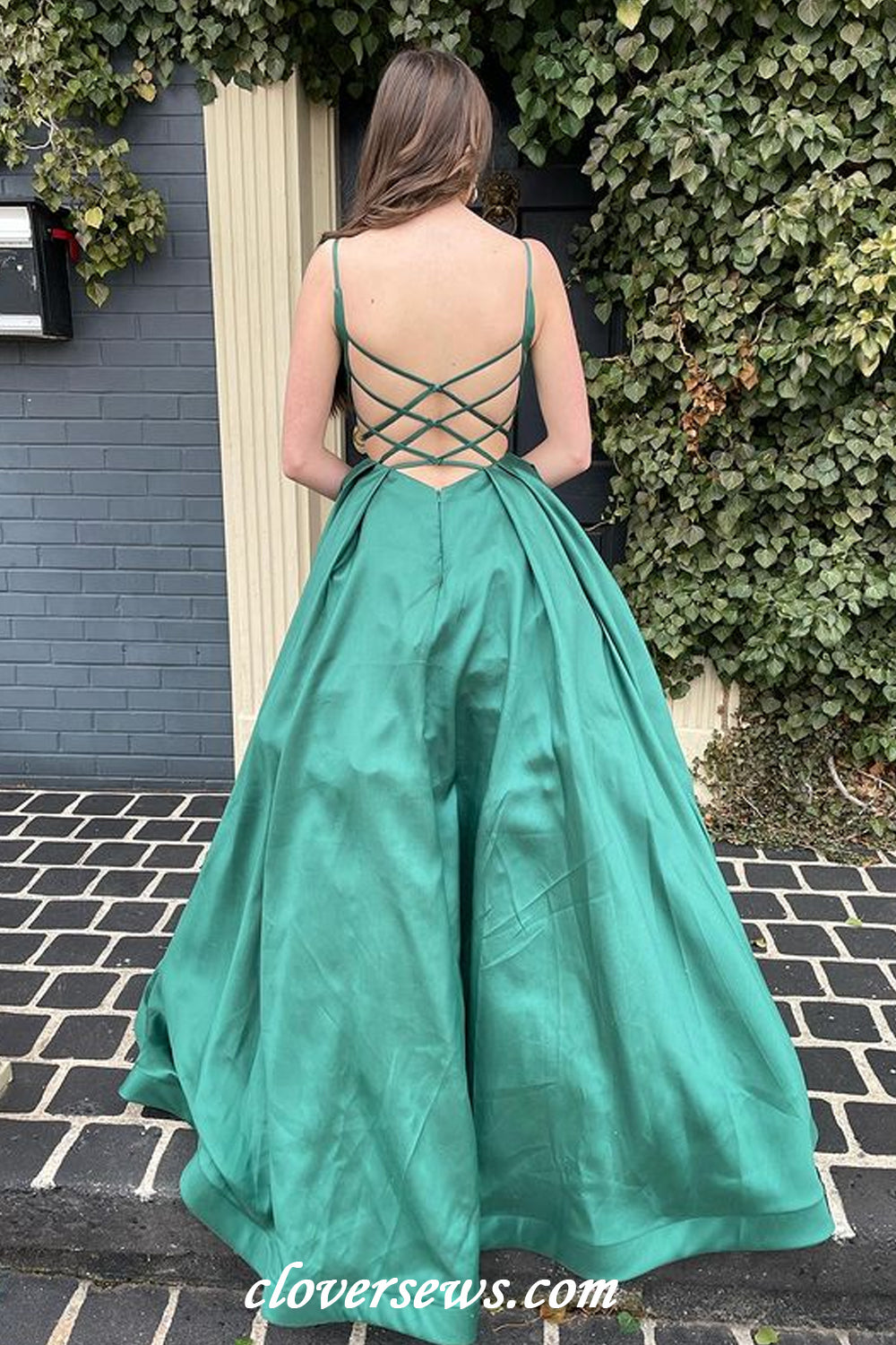 Green Satin Spaghetti Strap Cross Back A-line Simple Prom Dresses, CP1173