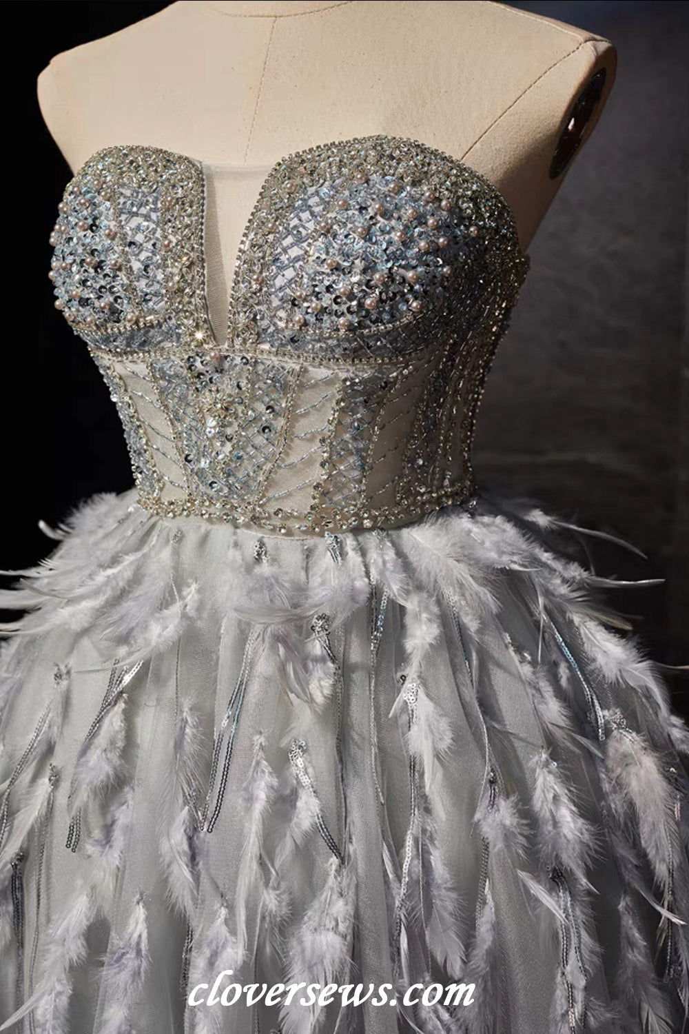 Grey Bead Strapless Feather A-line Short Party Dresses, CH0091