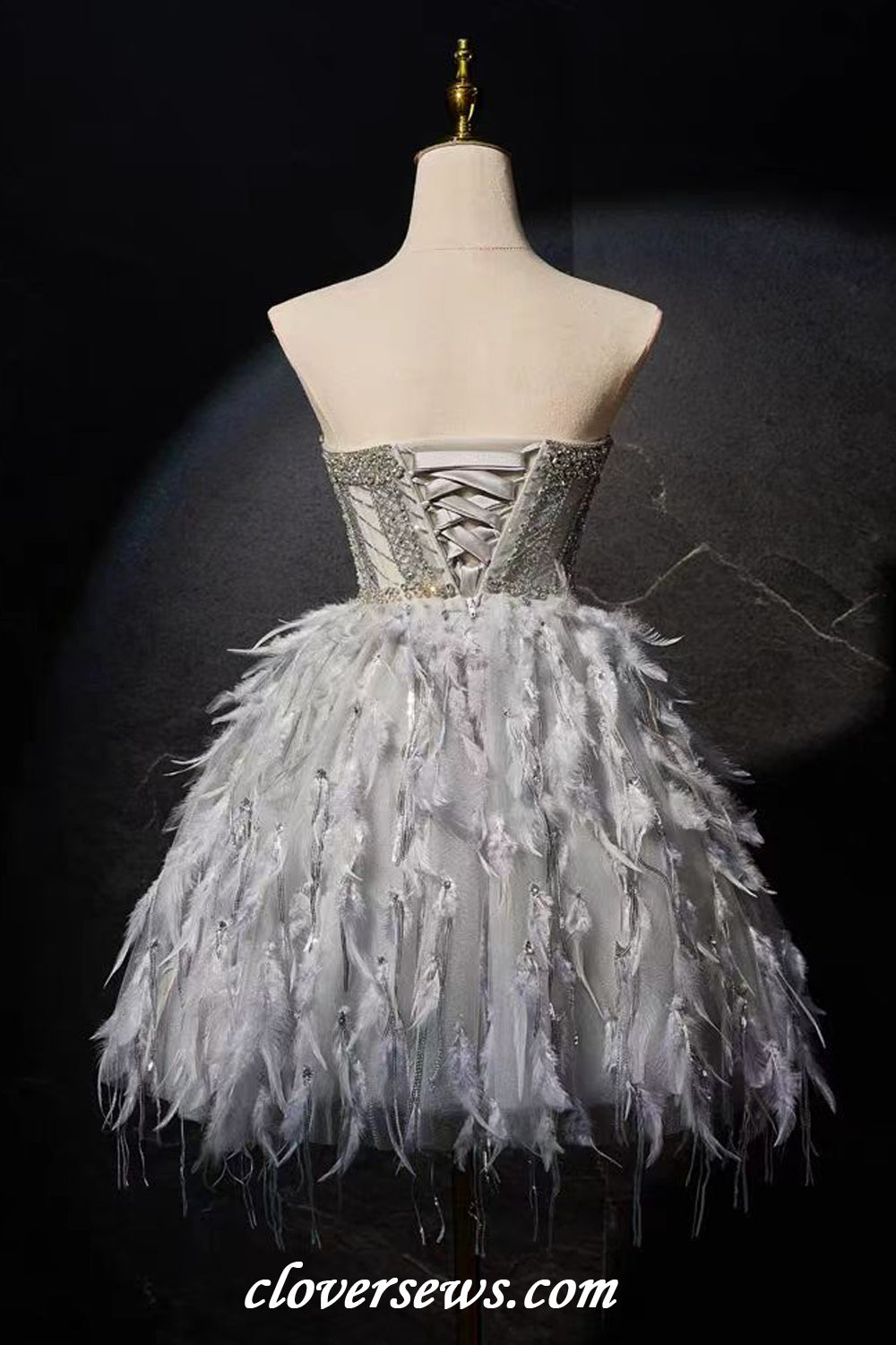 Grey Bead Strapless Feather A-line Short Party Dresses, CH0091