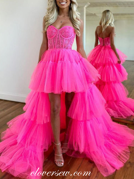 Hot Pink Lace Sweetheart Strapless Tiered High Low Fashion Prom Dresses, CP1022