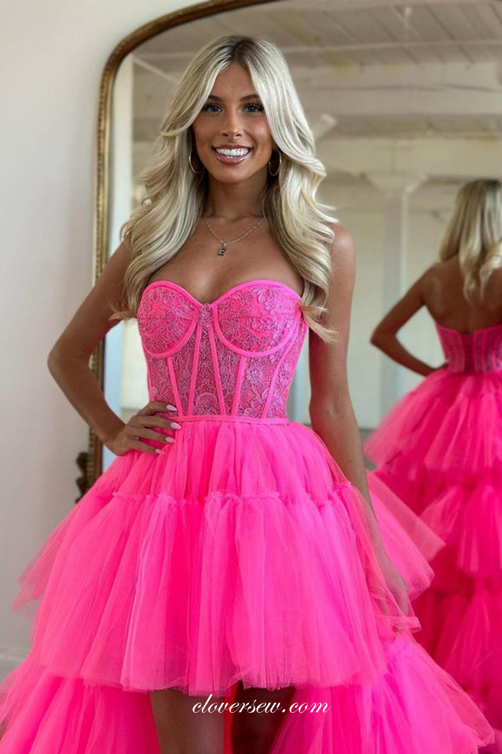 Hot Pink Lace Sweetheart Strapless Tiered High Low Fashion Prom Dresses, CP1022