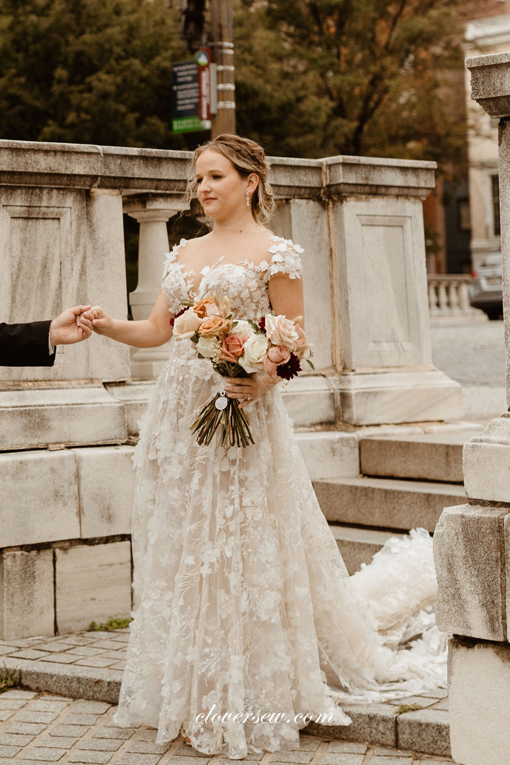 Ivory 3D Lace Cap Sleeves A-line Illusion Back Vintage Wedding Dresses, CW0361