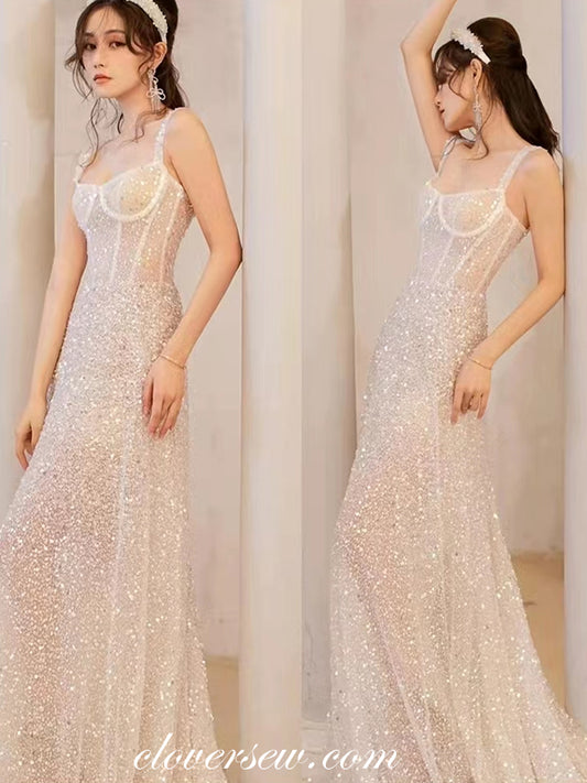 Ivory Shiny Sequined Tulle Illusion Sleeveless A-line Prom Dresses, CP1093