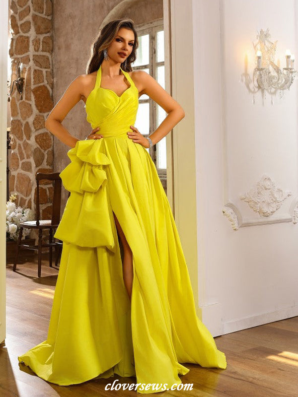 Lemon Yellow Satin Bubble A-line With Slit Halter Prom Dresses, CP1179