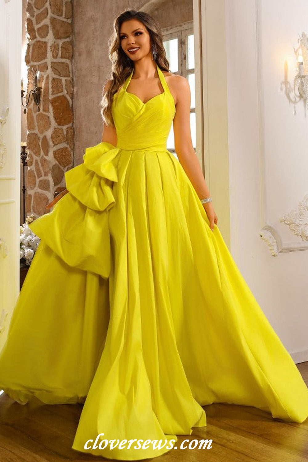 Lemon Yellow Satin Bubble A-line With Slit Halter Prom Dresses, CP1179