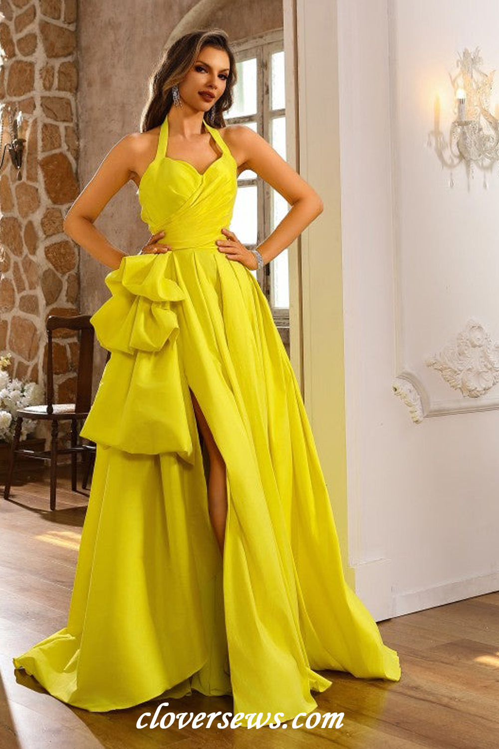 Lemon Yellow Satin Bubble A-line With Slit Halter Prom Dresses, CP1179