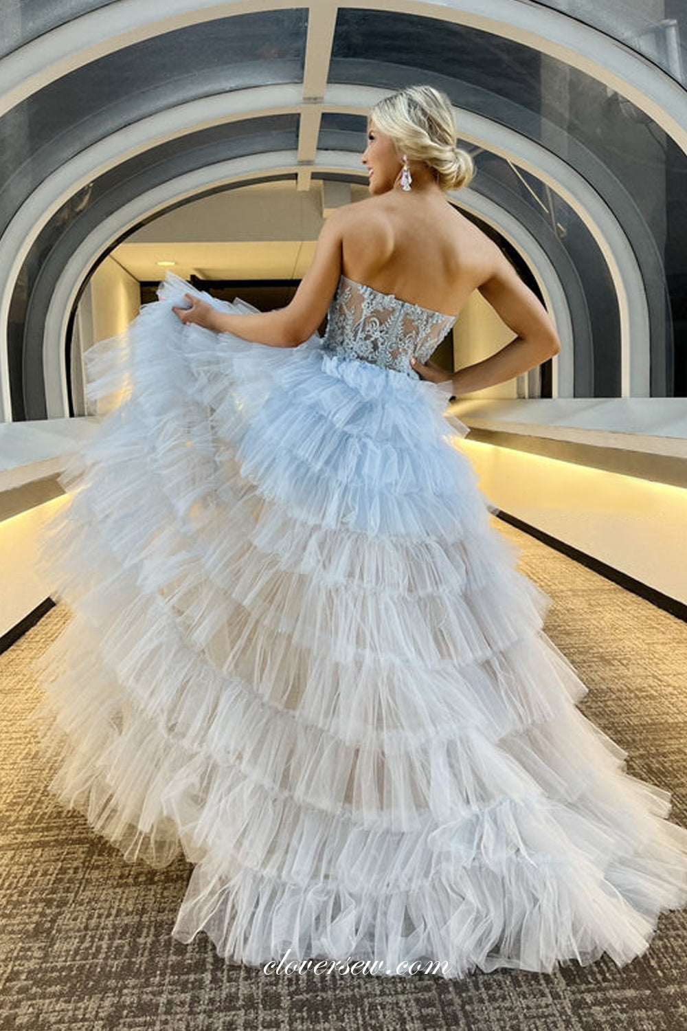 Light Blue White Gradient Tulle Tiered Fashion High Low Strapless A-line Prom Dresses, CP1108