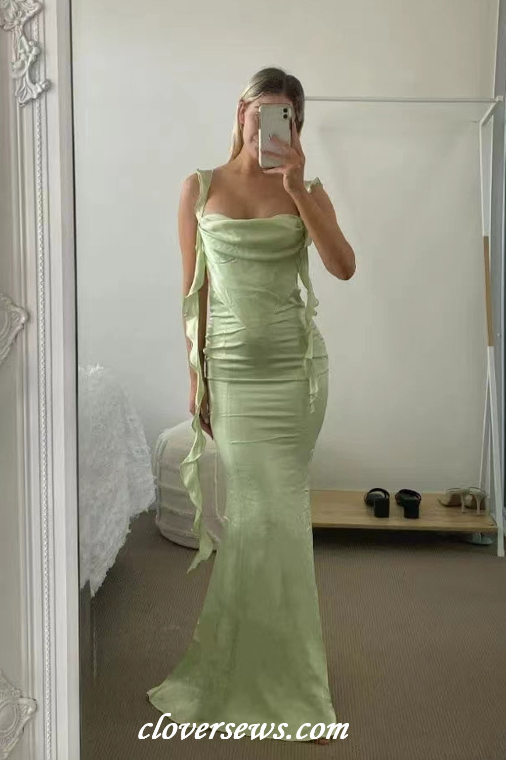 Light Green Silk Satin Ruffles Ribbon Sleeveless Back Slip Mermaid Bridesmaid Dresses, CB0317