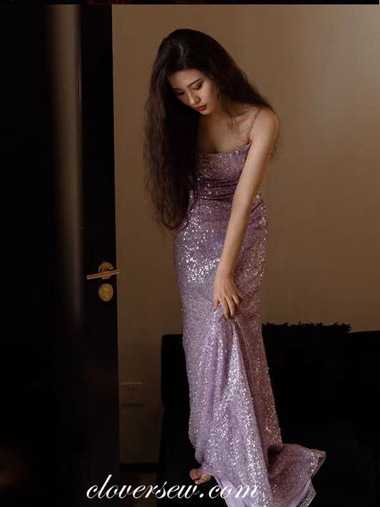 Mauve Purple Shiny Sequin Spaghetti Strap Mermaid Prom Dresses, CP1092