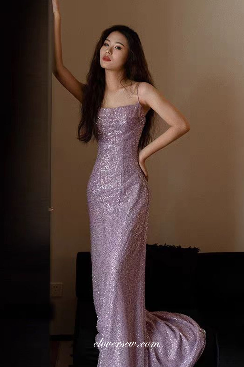 Mauve Purple Shiny Sequin Spaghetti Strap Mermaid Prom Dresses, CP1092