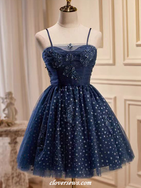 Navy Polka Dot Tulle Applique Spaghetti Strap A-line Short Hoco Dresses, CH0090