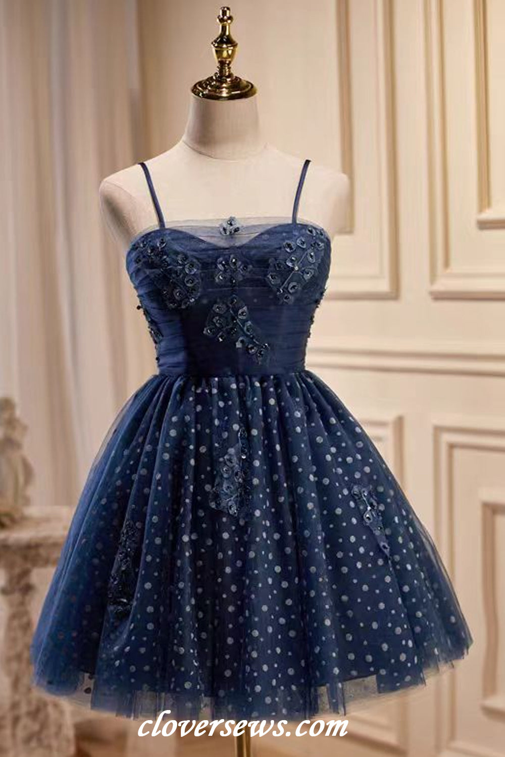 Navy Polka Dot Tulle Applique Spaghetti Strap A-line Short Hoco Dresses, CH0090