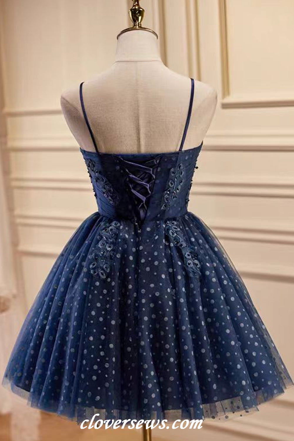 Navy Polka Dot Tulle Applique Spaghetti Strap A-line Short Hoco Dresses, CH0090