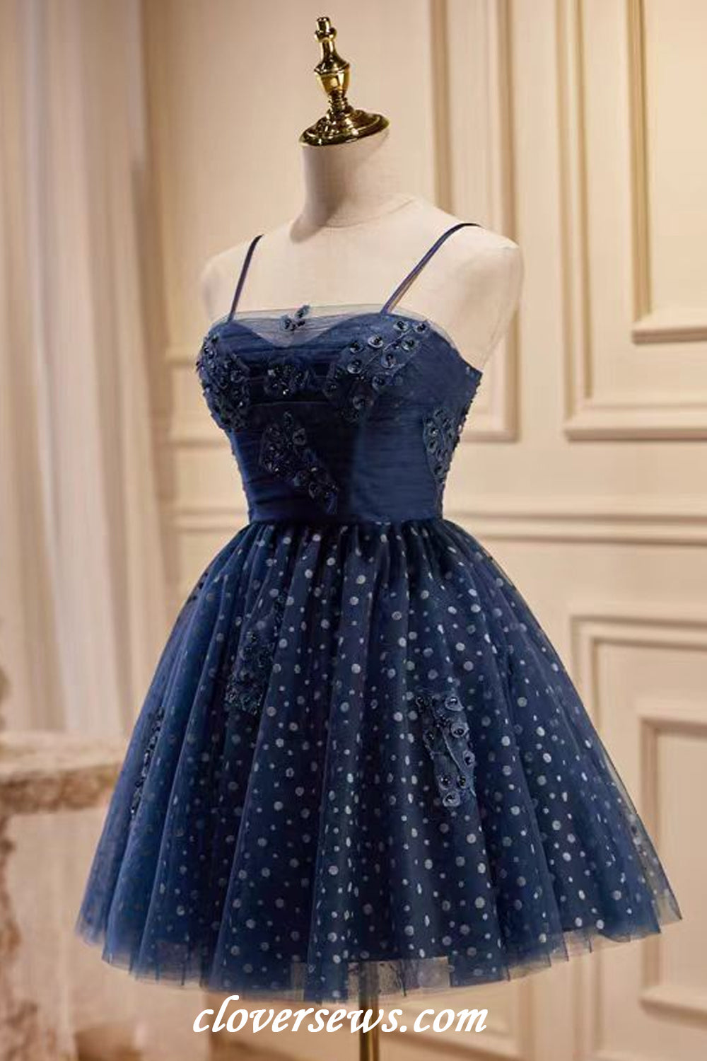 Navy Polka Dot Tulle Applique Spaghetti Strap A-line Short Hoco Dresses, CH0090