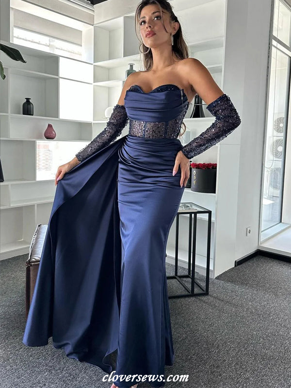 Navy Satin Shiny Sequined Tulle Mermaid Strapless With Detachable Sleeves Evening Dresses, CP1182