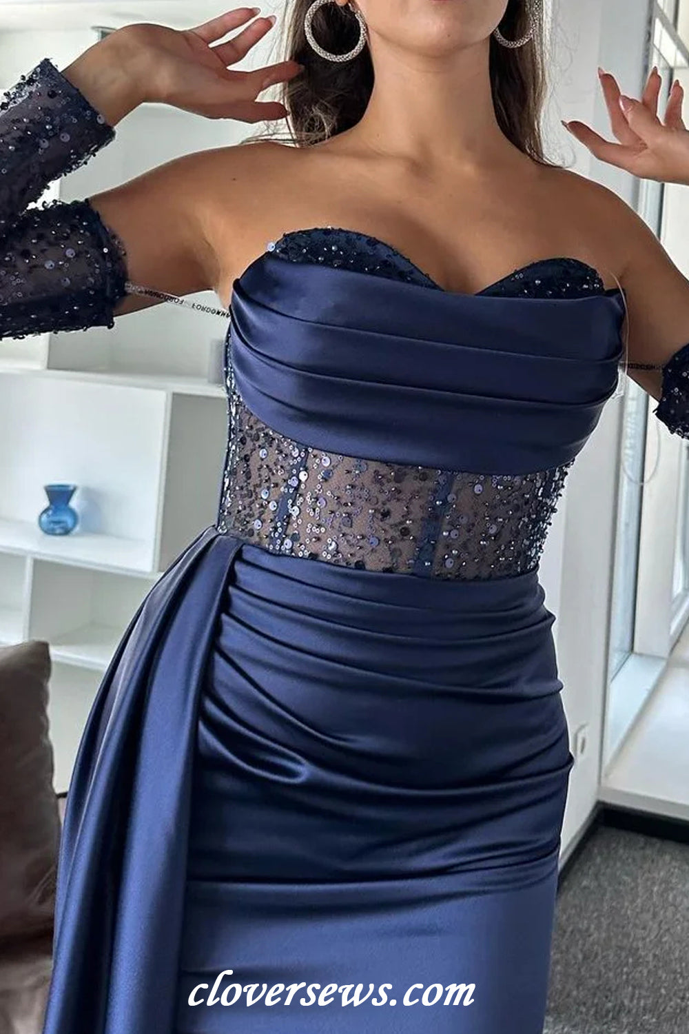 Navy Satin Shiny Sequined Tulle Mermaid Strapless With Detachable Sleeves Evening Dresses, CP1182