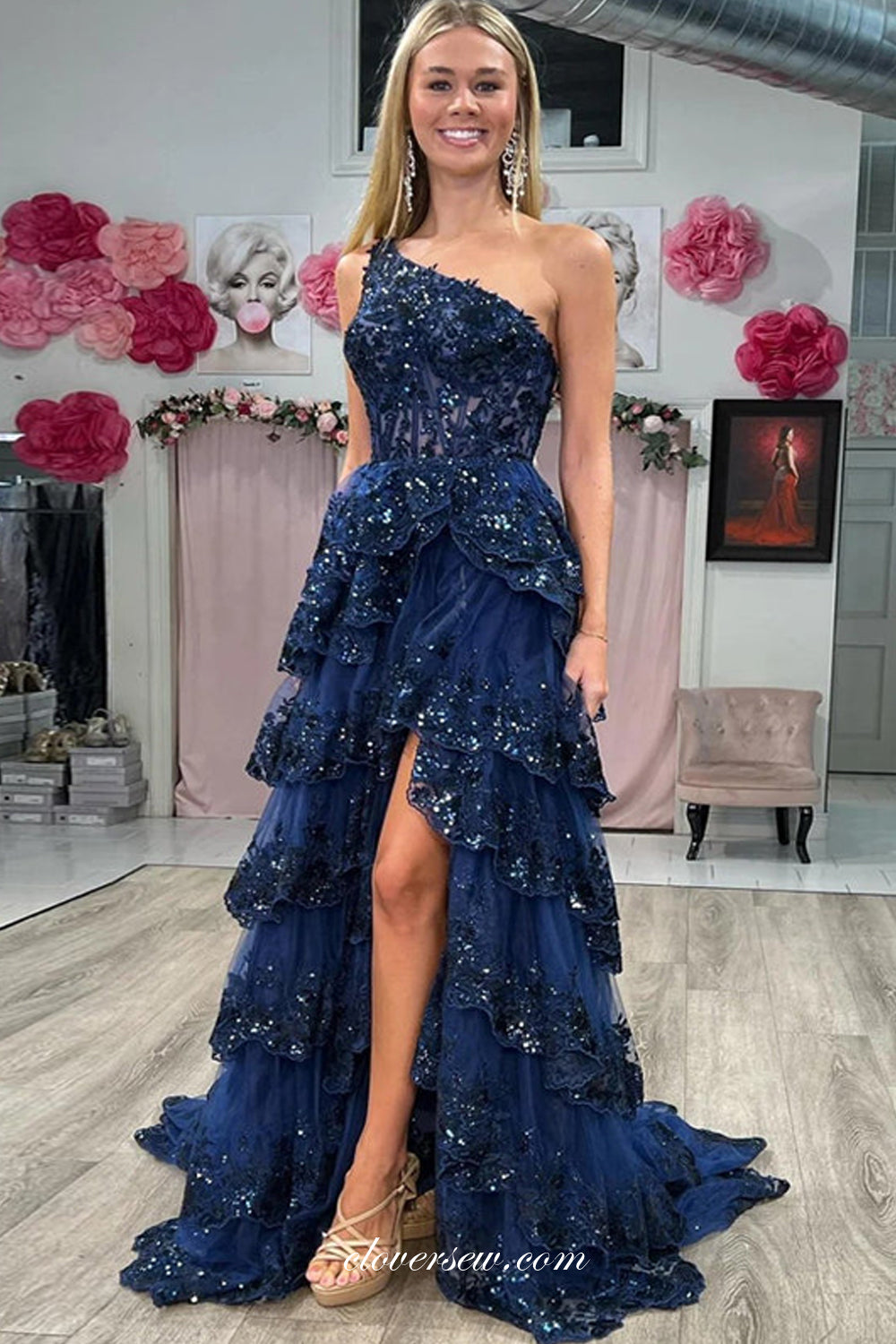 Navy Sequined Lace Applique One Shoulder Tiered A-line Prom Dresses, CP1119