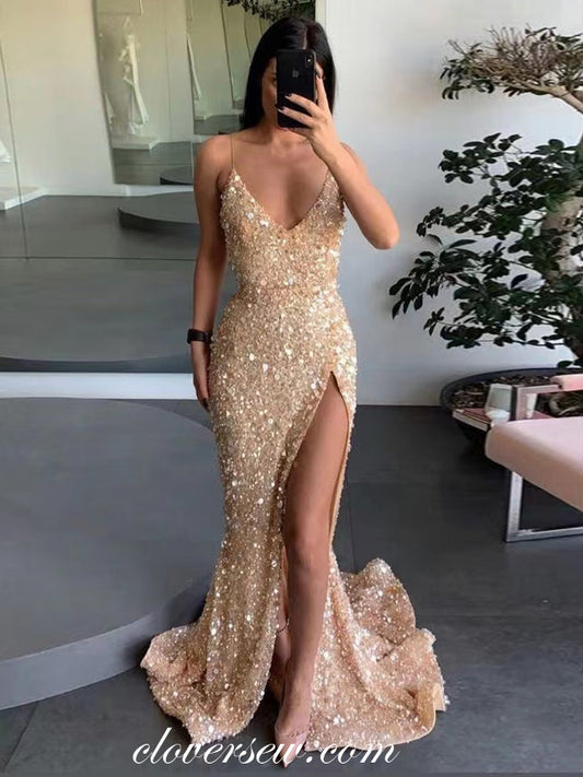 Nude Sequined Tulle V-neck Spaghetti Strap Mermaid With High Slit Prom Dresses, CP1109