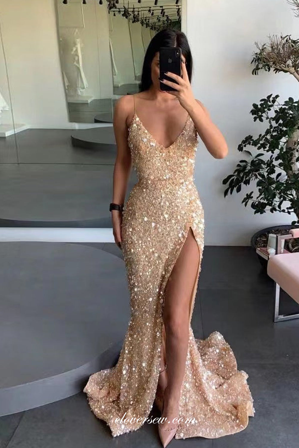Nude Sequined Tulle V-neck Spaghetti Strap Mermaid With High Slit Prom Dresses, CP1109