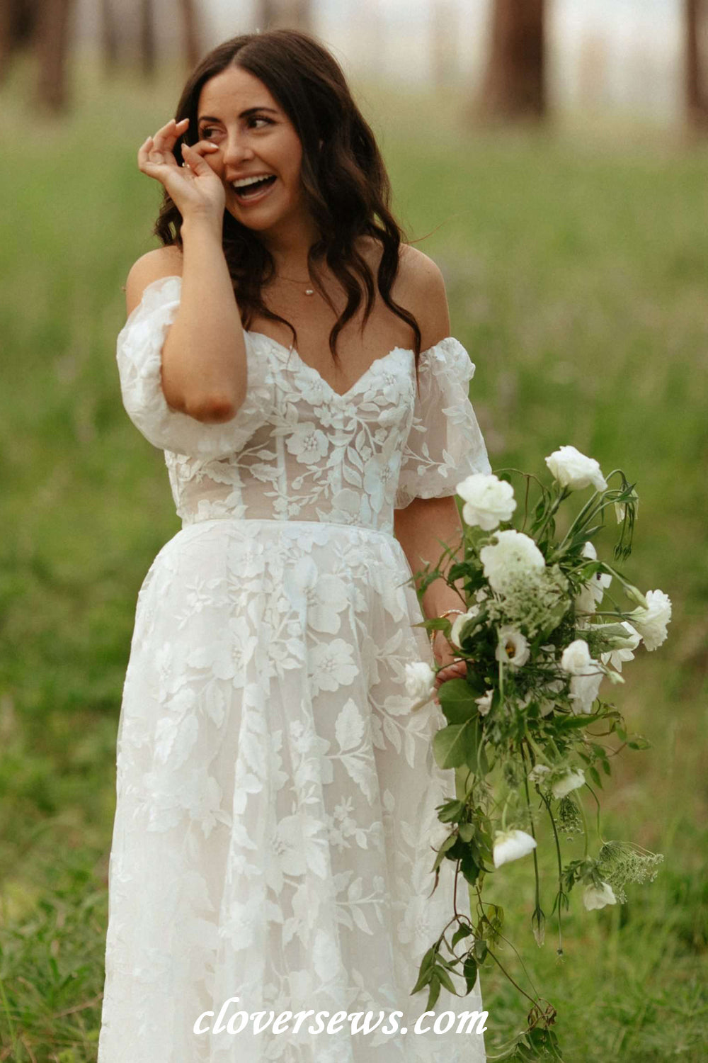 Off White Fully Lace Off The Shoulder Sweetheart A-line Mountain Wedding Dresses, CW0404