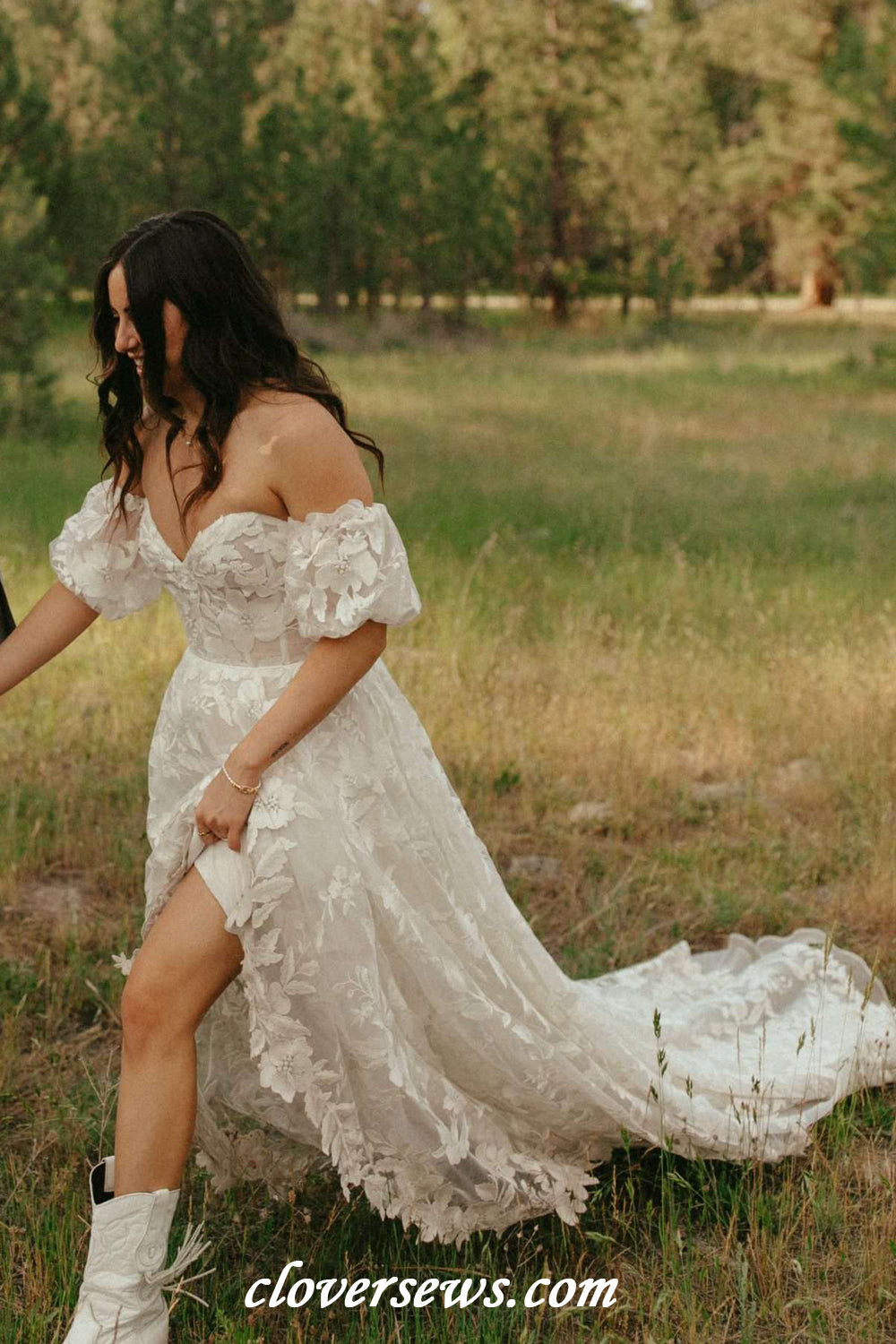 Off White Fully Lace Off The Shoulder Sweetheart A-line Mountain Wedding Dresses, CW0404