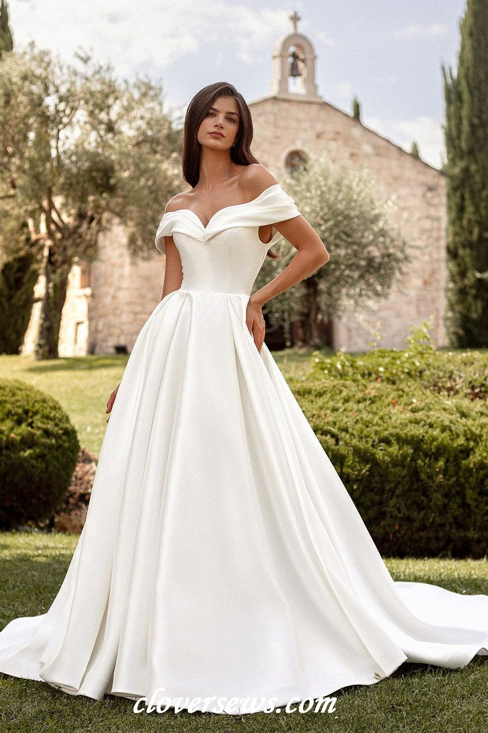 Off White Satin Pleating Off The Shoulder A-line Vintage Wedding Dresses, CW0392