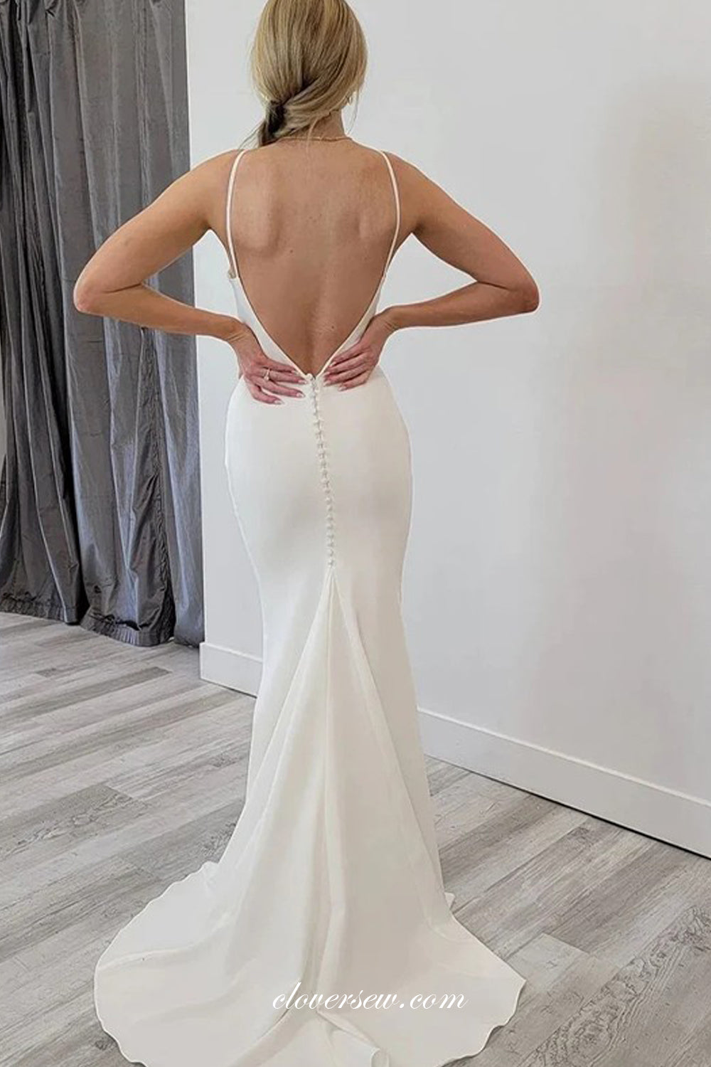 Off White Satin Sleeveless Backless Mermaid Charming Wedding Dresses, CW0374