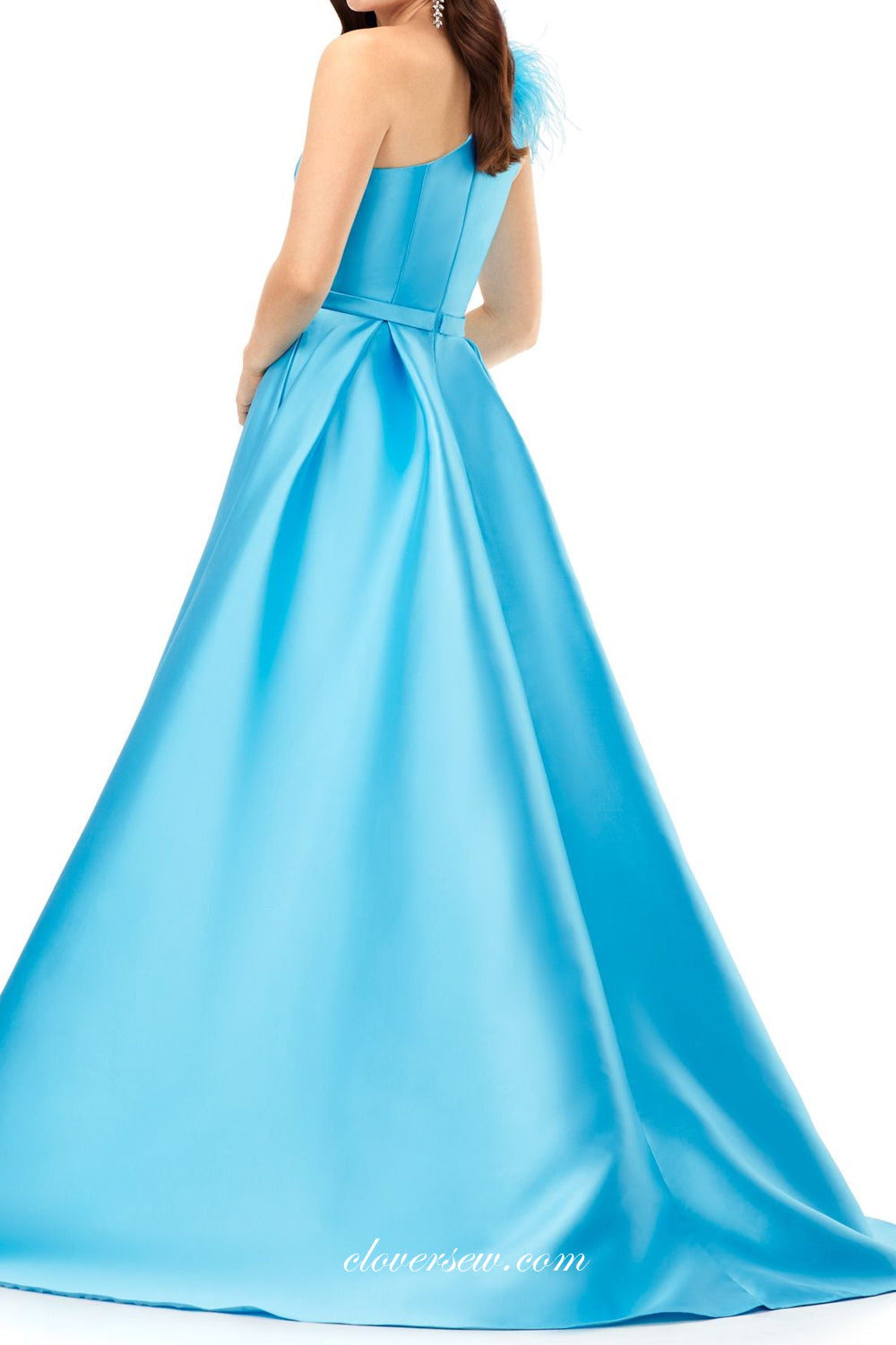 One Shoulder Satin With Feather Strap A-line Plus Size Simple Prom Dresses, CP1065