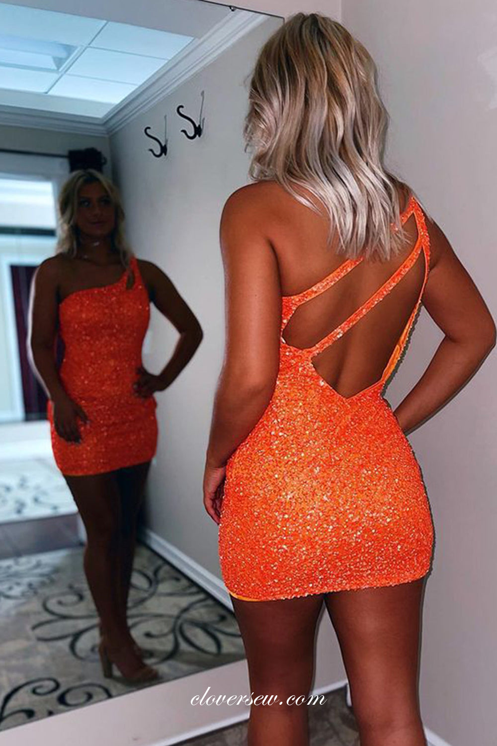 Orange Sequin One Shoulder Open Back Sheath Short Fashion Dresses, CH0071