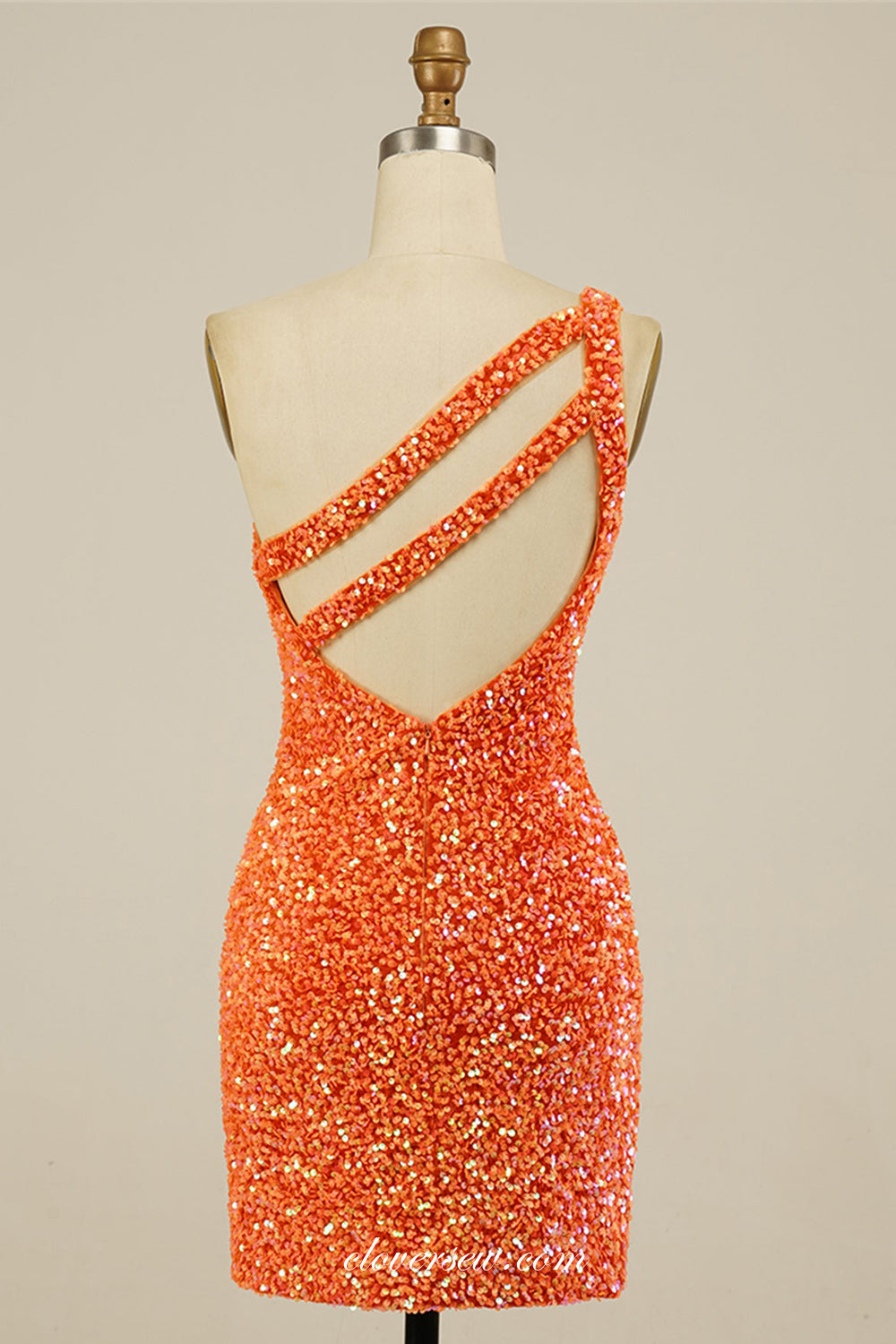 Orange Sequin One Shoulder Open Back Sheath Short Fashion Dresses, CH0071
