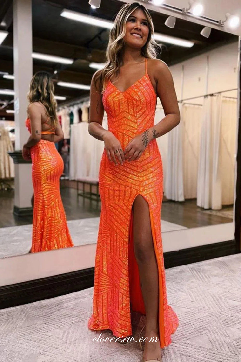 Orange Sequined Tulle Spaghetti Strap Open Back Side Slit Prom Dresses, CP1028