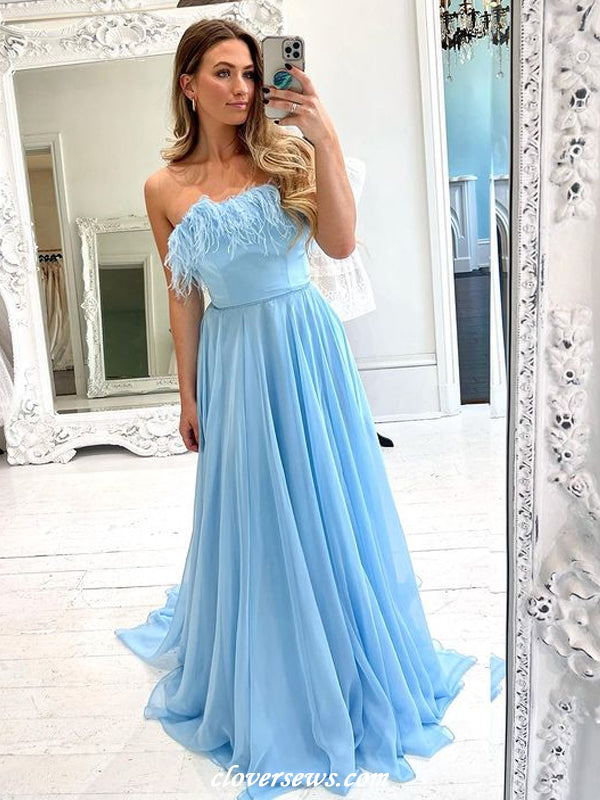 Pale Blue Chiffon Feather Strapless A-line Formal Dresses, CP1184