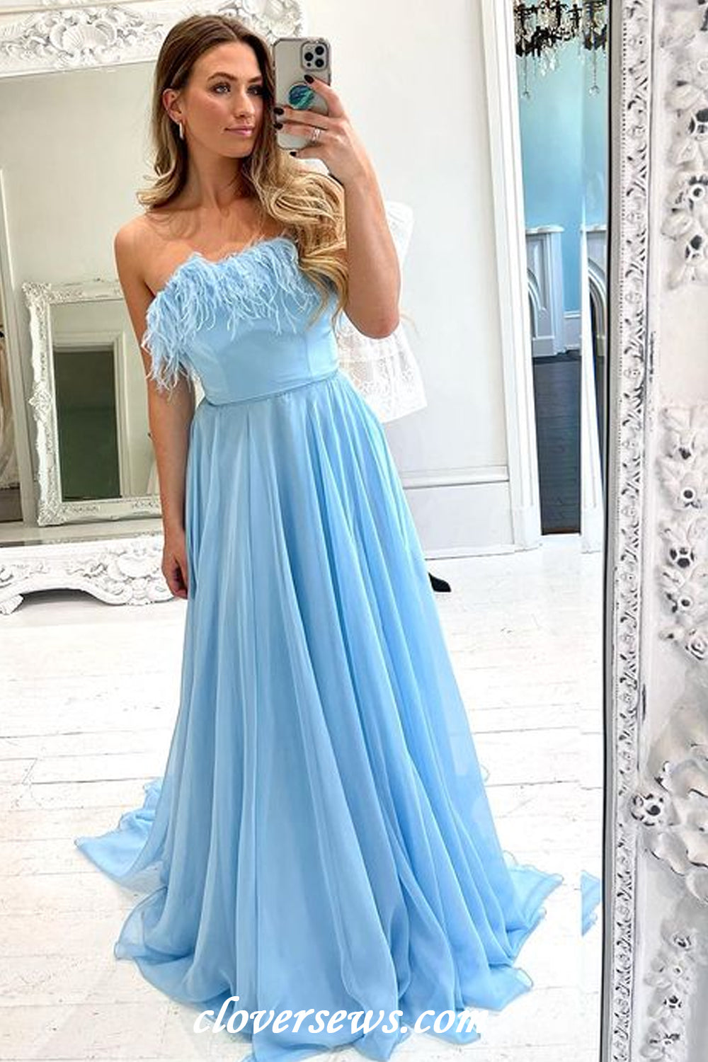 Pale Blue Chiffon Feather Strapless A-line Formal Dresses, CP1184