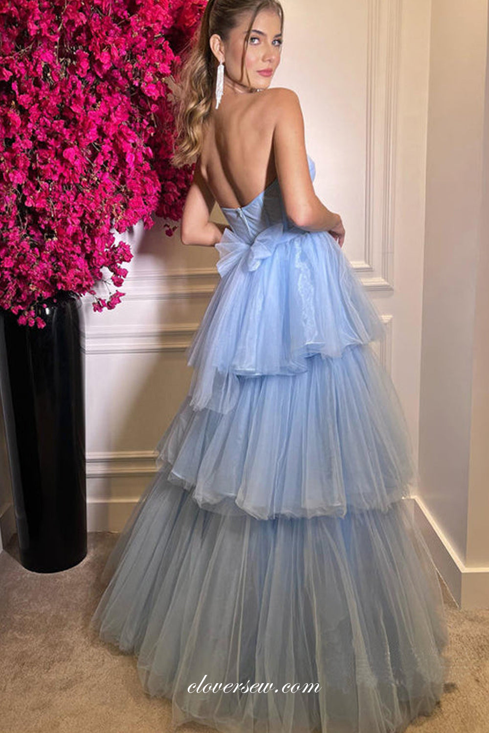 Pale Blue Tulle Sweetheart Strapless Tiered A-line Prom Dresses, CP1021