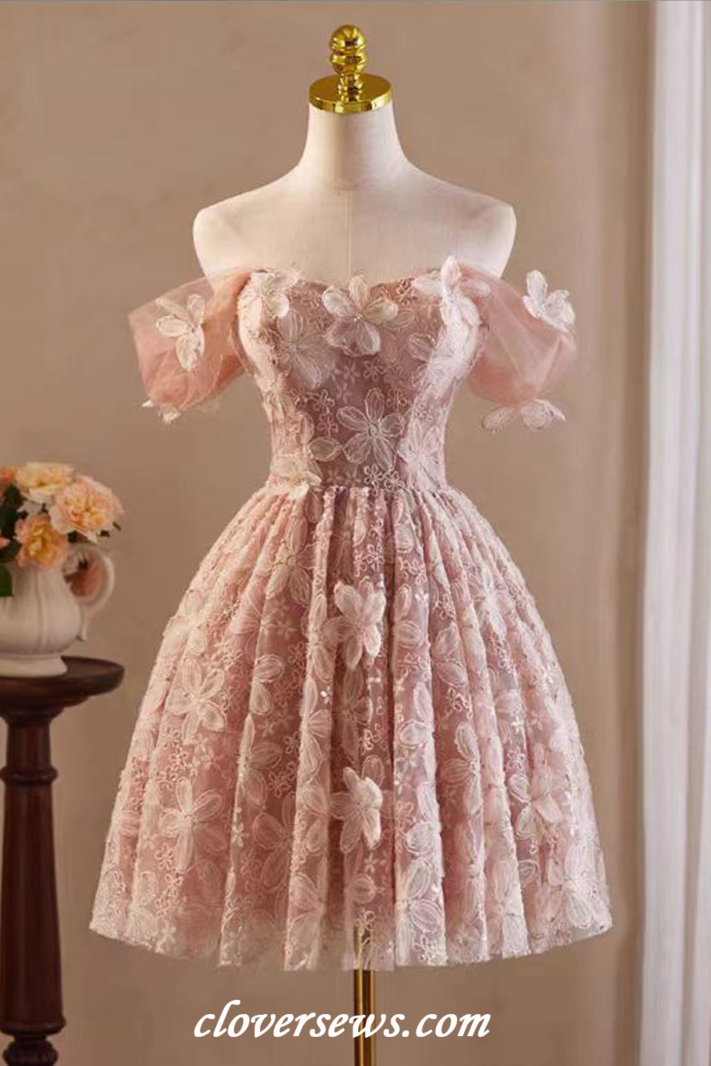 Peach Pink Floral Lace Off The Shoulder Hoco Party Dresses CH0086