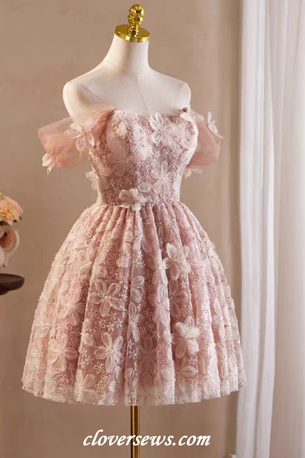 Peach Pink Floral Lace Off The Shoulder Hoco Party Dresses CH0086