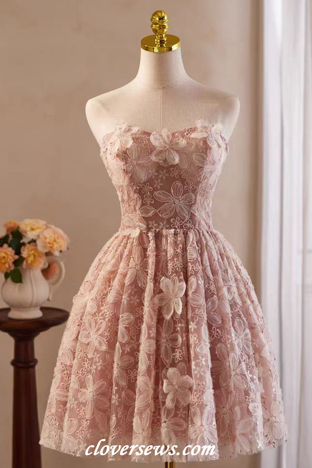 Peach Pink Floral Lace Off The Shoulder Hoco Party Dresses CH0086