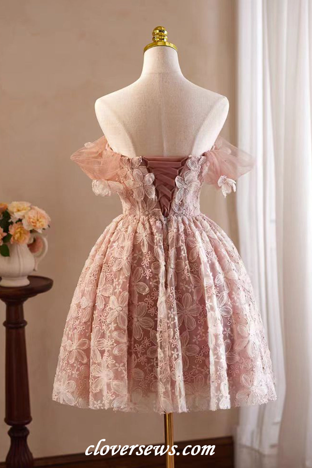 Peach Pink Floral Lace Off The Shoulder Hoco Party Dresses CH0086