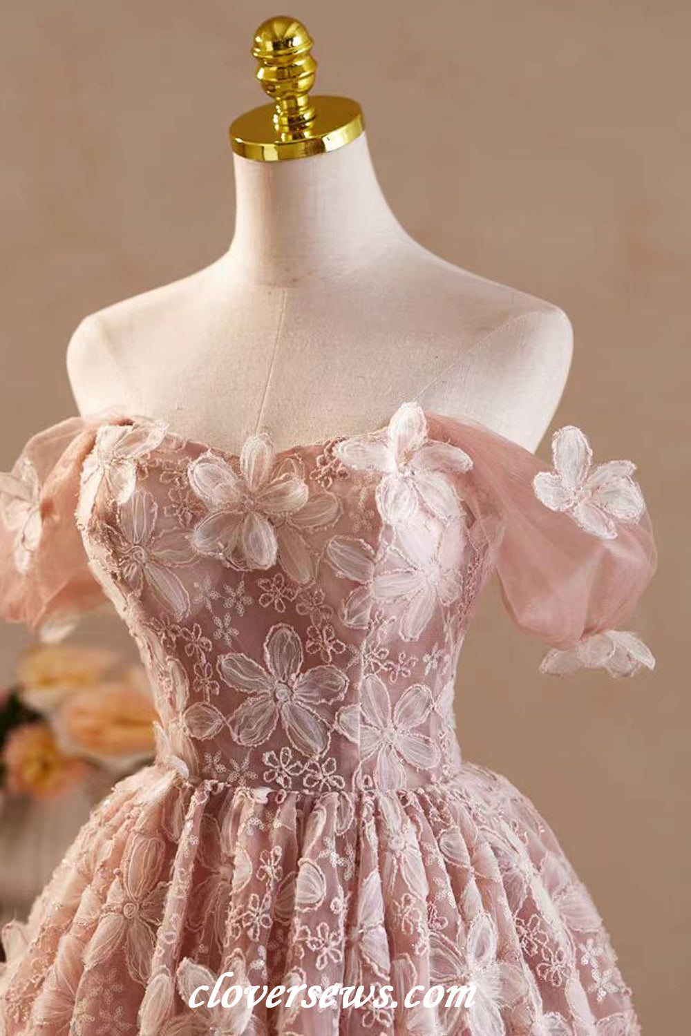 Peach Pink Floral Lace Off The Shoulder Hoco Party Dresses CH0086