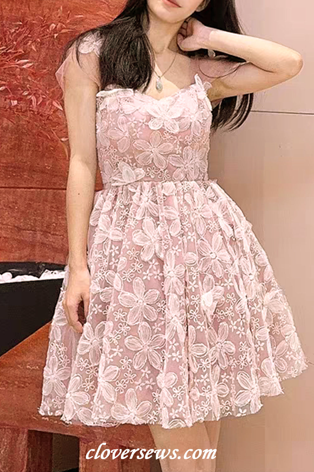 Peach Pink Floral Lace Off The Shoulder Hoco Party Dresses CH0086