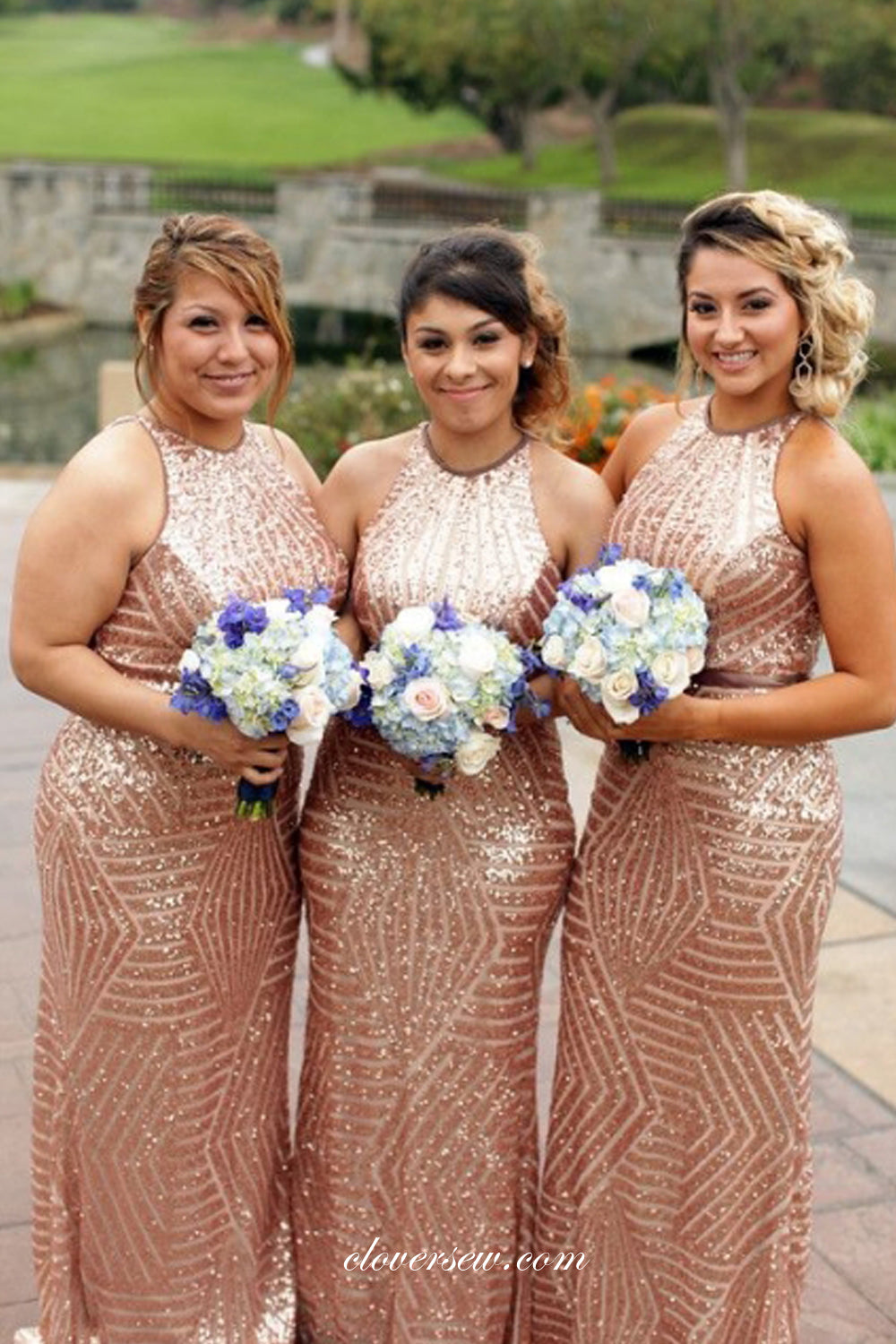 Pink Champagne Sequin Sparkly Jewel Neck Column Long Bridesmaid Dresses, CB0301