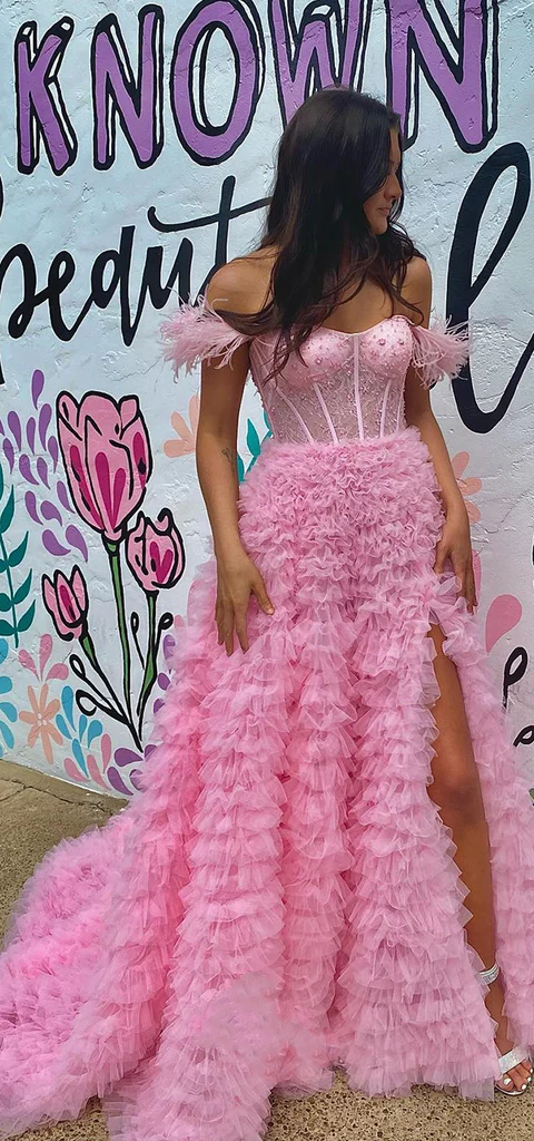 Pink Off The Shoulder Ruffles Tulle With Feather Stunning Prom Dresses, CP1096