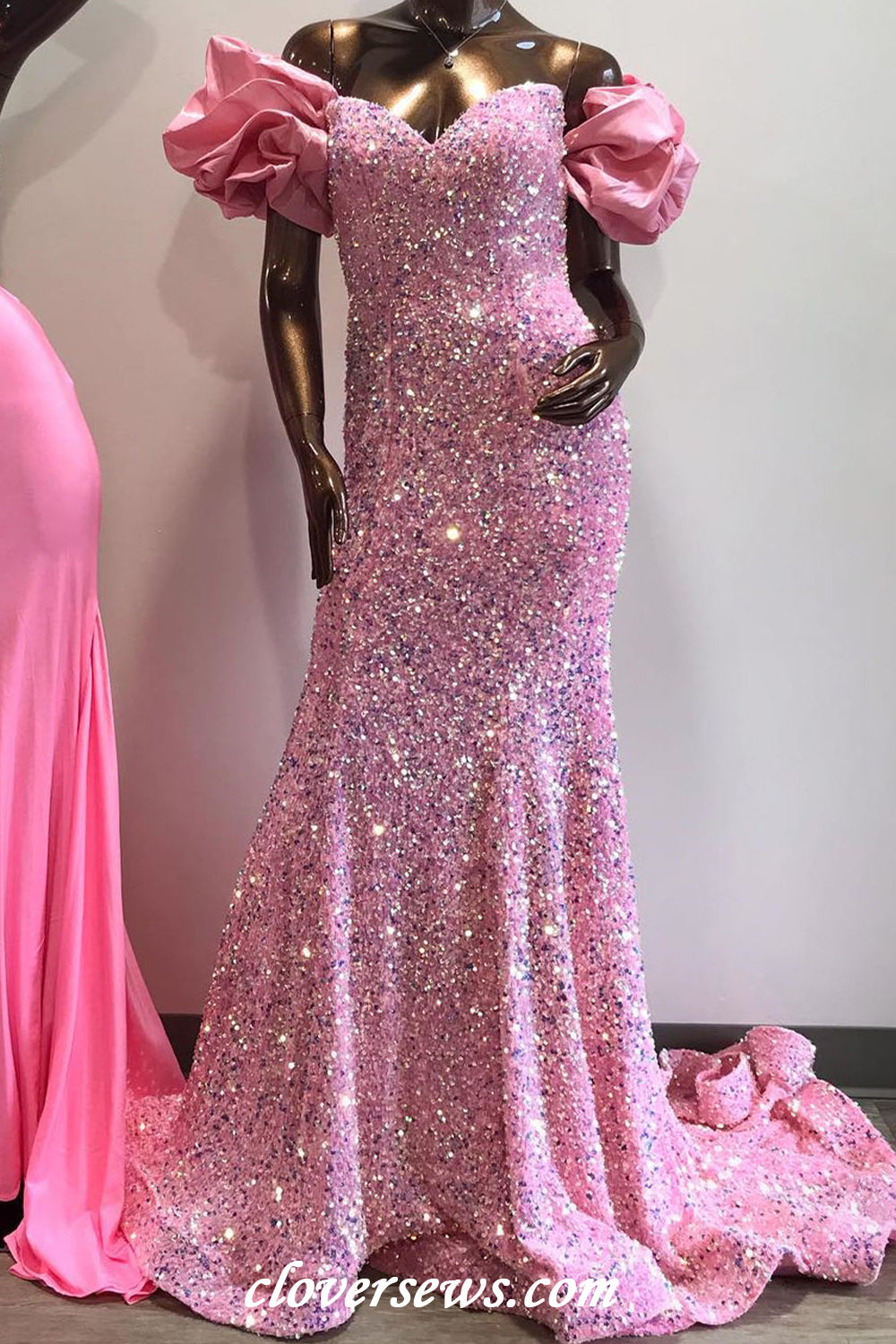 Pink Sequin Strapless With Bubble Sleeves Mermaid Shiny Prom Dresses, CP1146