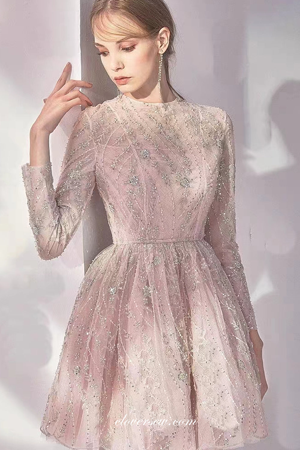 Pink Sequined Lace Long Sleeves A-line Short Homecoming Dresses, CH0056