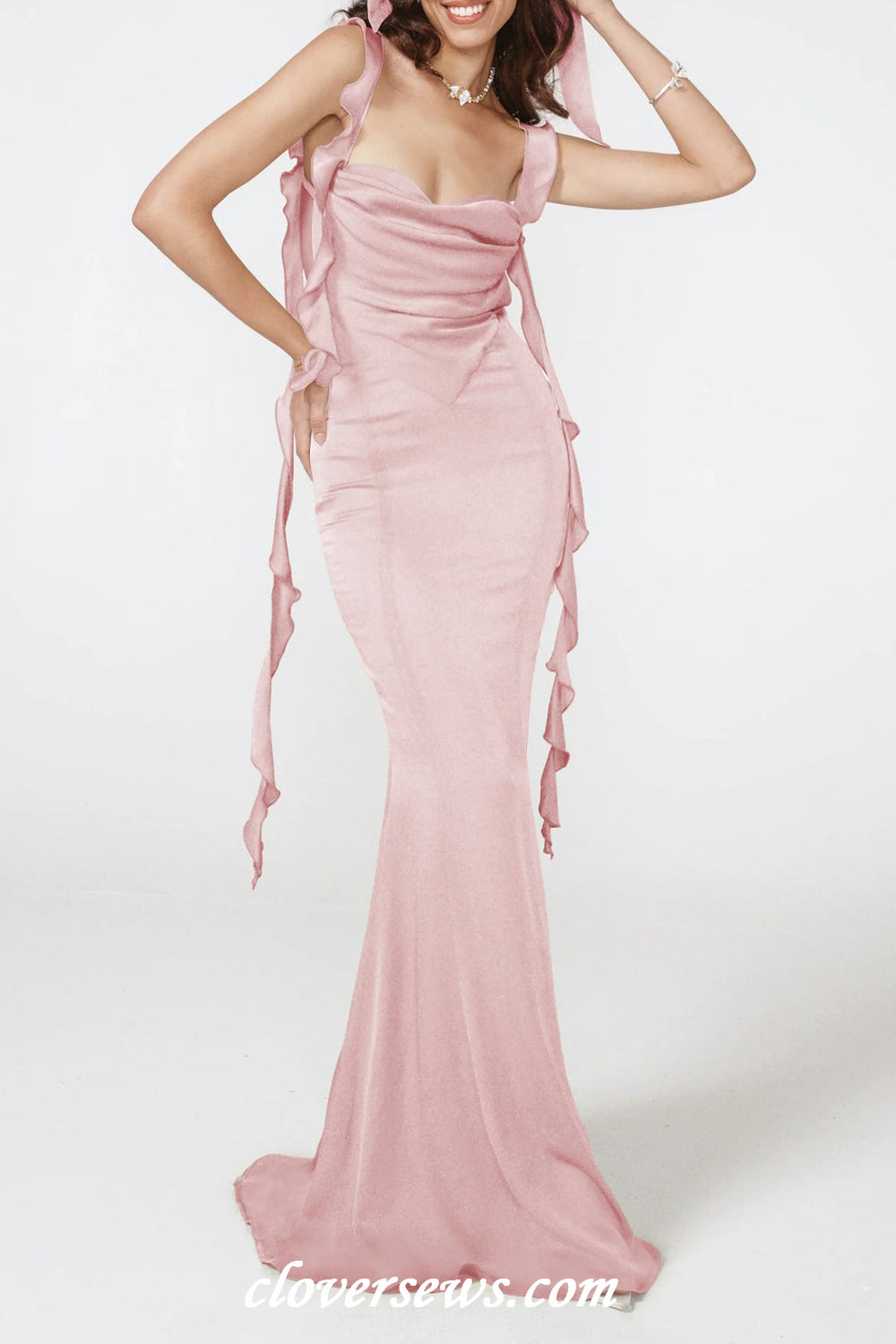 Pink Silk Satin Ruffles Ribbon Sleeveless Back Slip Mermaid Bridesmaid Dresses, CB0318