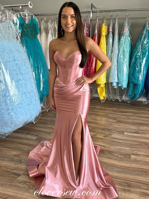 Pink Strapless Pleating Shiny Satin Mermaid With Slit Prom Dresses, CP1038