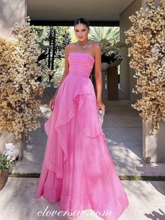 Pink Tulle Strapless Ruffles A-line Simple Prom Dresses For Teens, CP1085
