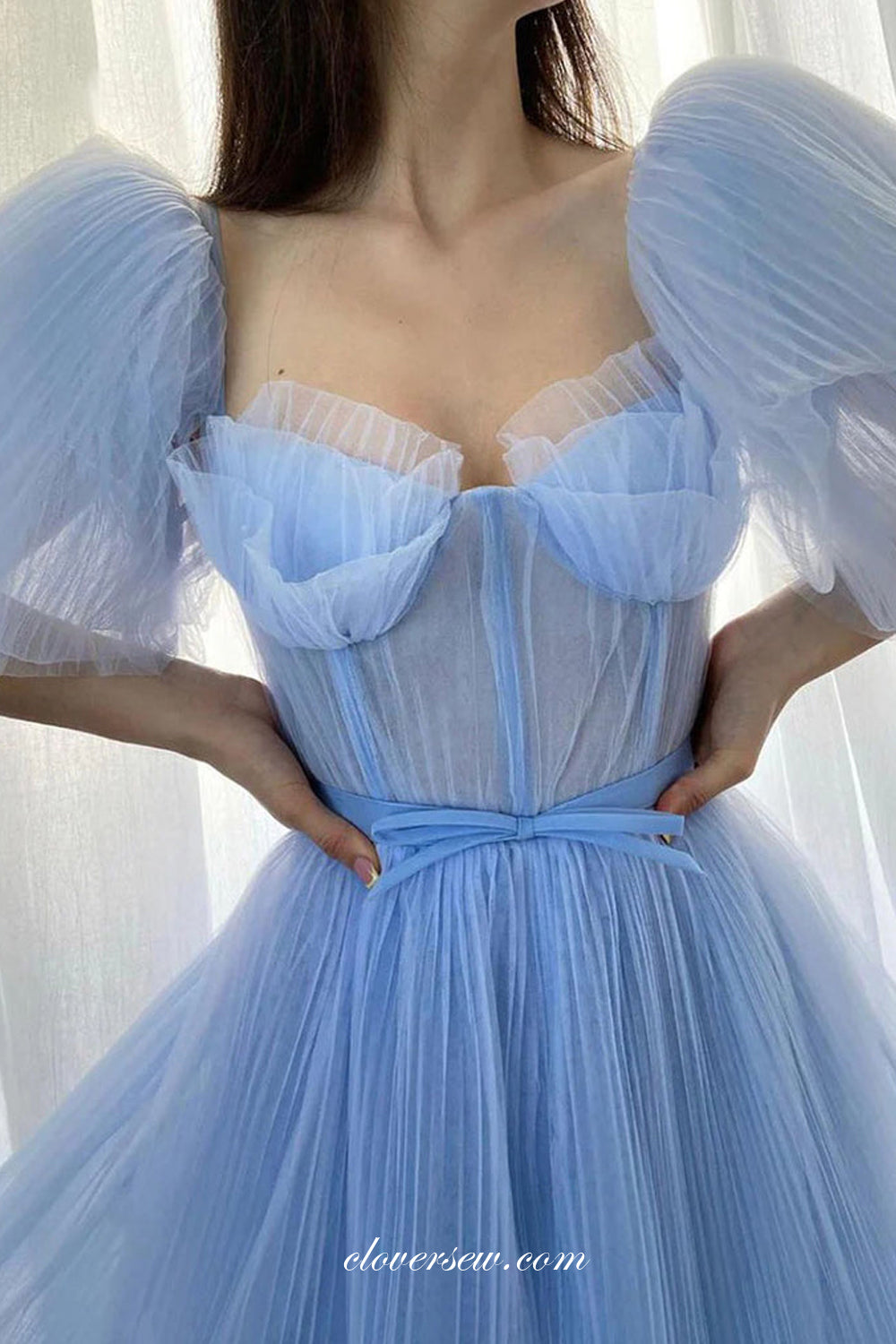 Pleating Tulle Pale Blue Short Puffy Sleeves A-line Charming Prom Dresses, CP1089