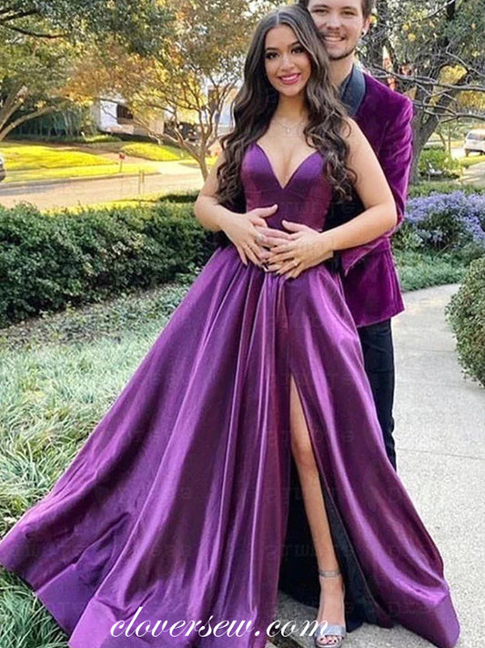 Purple Satin V-neck A-line With Side Slit Fashion Prom Dresses, CP1066
